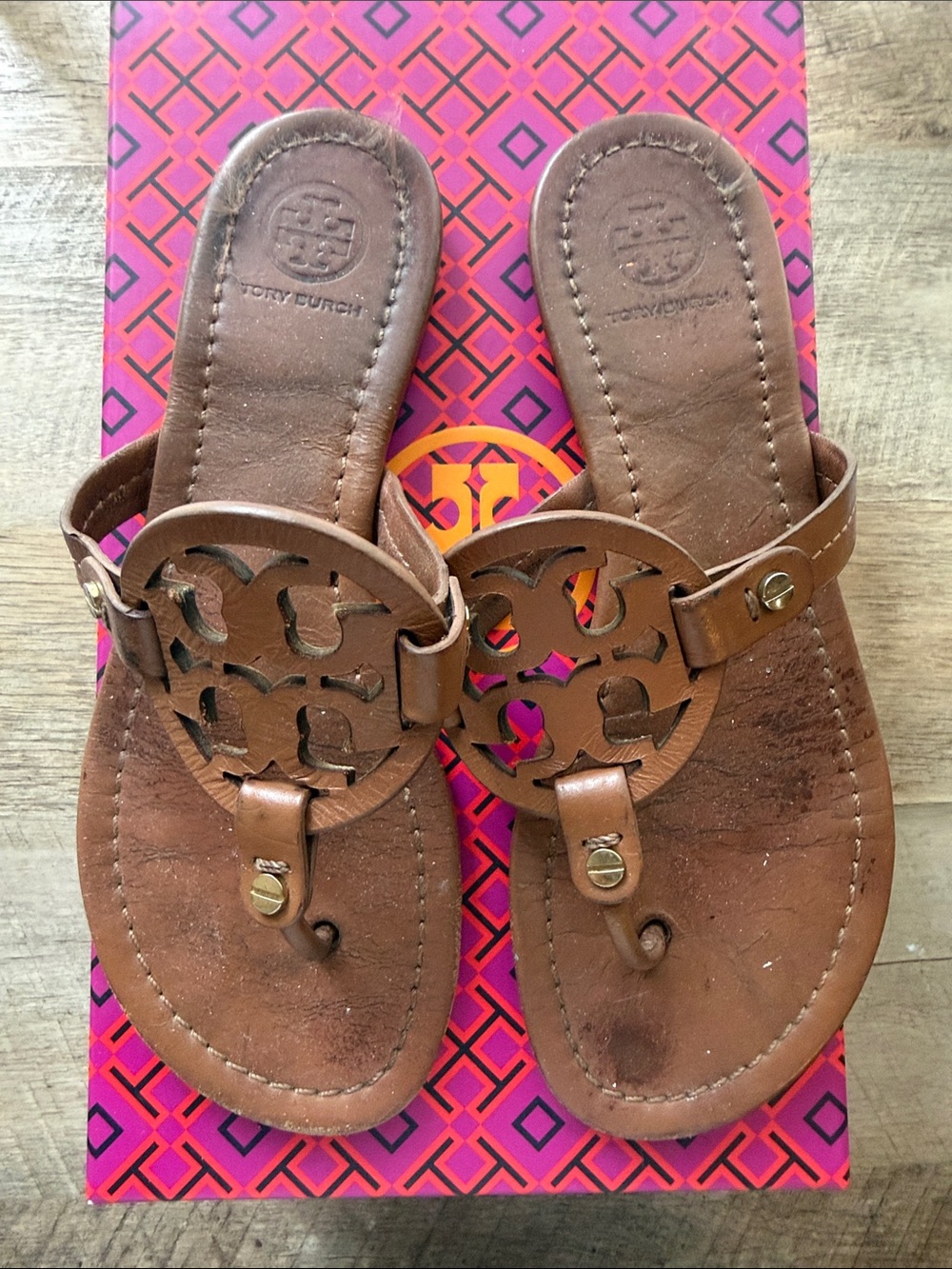 Tory Burch Brown Leather Miller Logo Thong Sandals